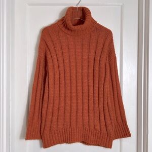 Topshop Knitted Roll Neck Turtleneck Wide Ribbed Sweater Rust XS